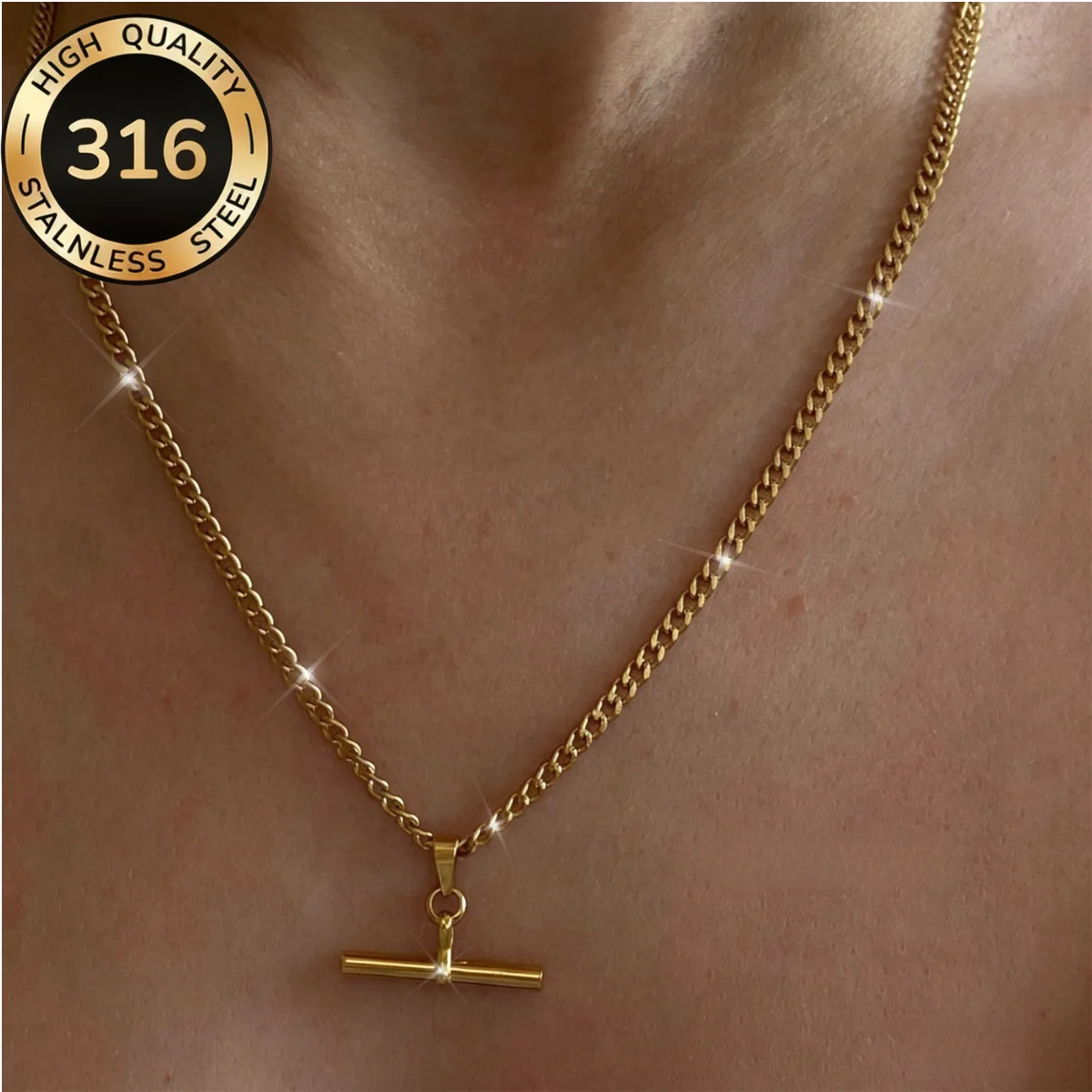 Modische T-Bar-Anhänger-Halskette, 18K vergoldet, 3MM Figaro-Kubanische Gliederkette, Edelstahl, massives Collier für Damen und Herren