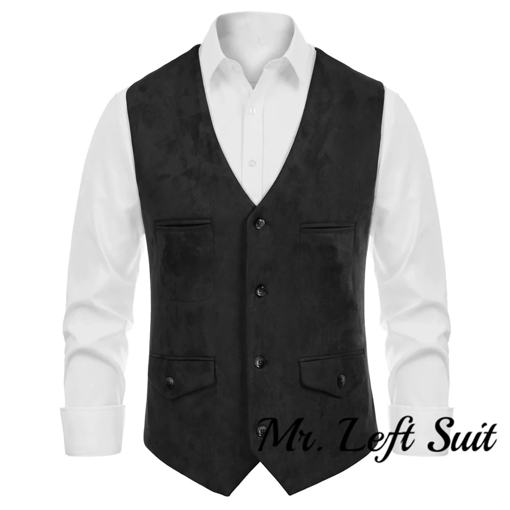 Men\'s Suede Leather Vest Casual V-Neck Single Breasted Slim Fit Western Cowboy Vest with Pockets Business Classic Vest Waistcoat