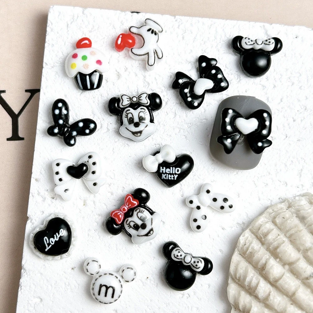 50 قطعة راتينج لطيف ميكي ماوس مسمار الفن السحر أسود أبيض الفئران Bowknot الراين الكرتون الحيوانات سلسلة مجوهرات أظافر مسطحة