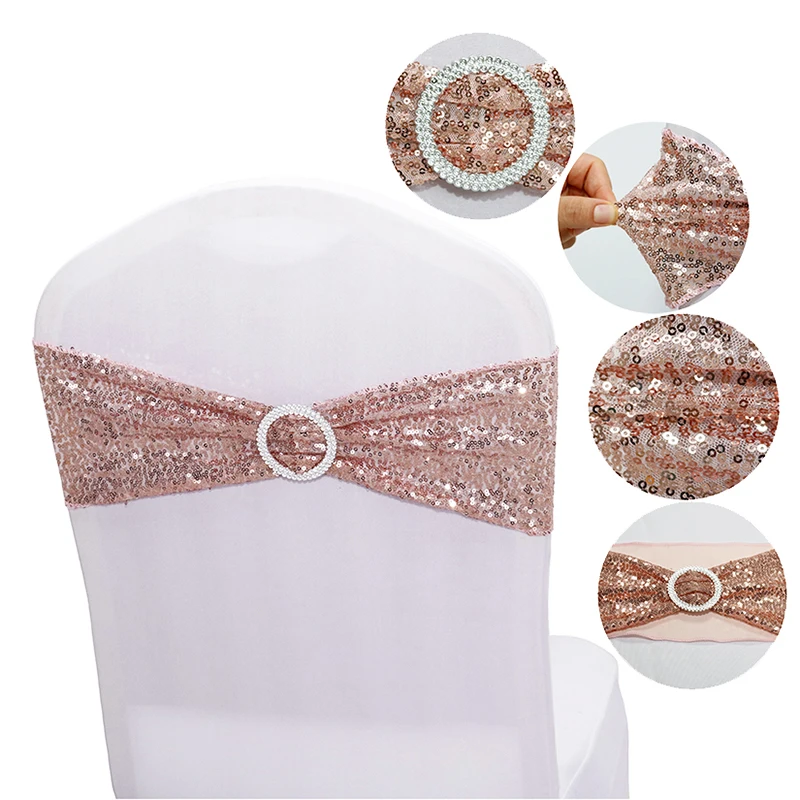 50pcs/Lot Shiny Sequin Rose Gold Stretch Bands With Round Buckle For Wedding Events Party Decoration Spandex Chair Sashes