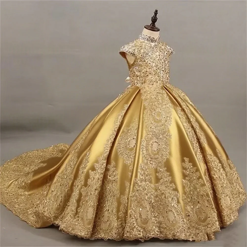 JDY Custom Girls' Sleeveless Ball Gown with Intricate Gold Lace Embroidery & Long Train - Elegant Princess Dress for Special Occ
