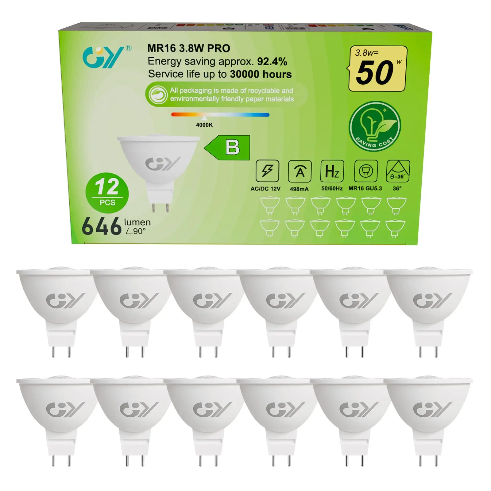 

GY GU5.3 MR16 LED Bulb 12V 646LM 3.8W Equivalent 50W 36 Degree Energy Efficiency Class B LED Spotlight Non Dimmable