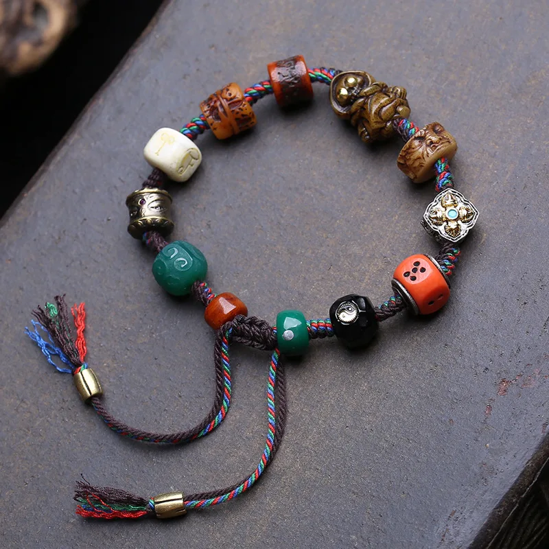 Traditional Multi-Bead Bracelet With Yak Bone , Agate Patterned , And Bagua-Shaped Decorative Beads