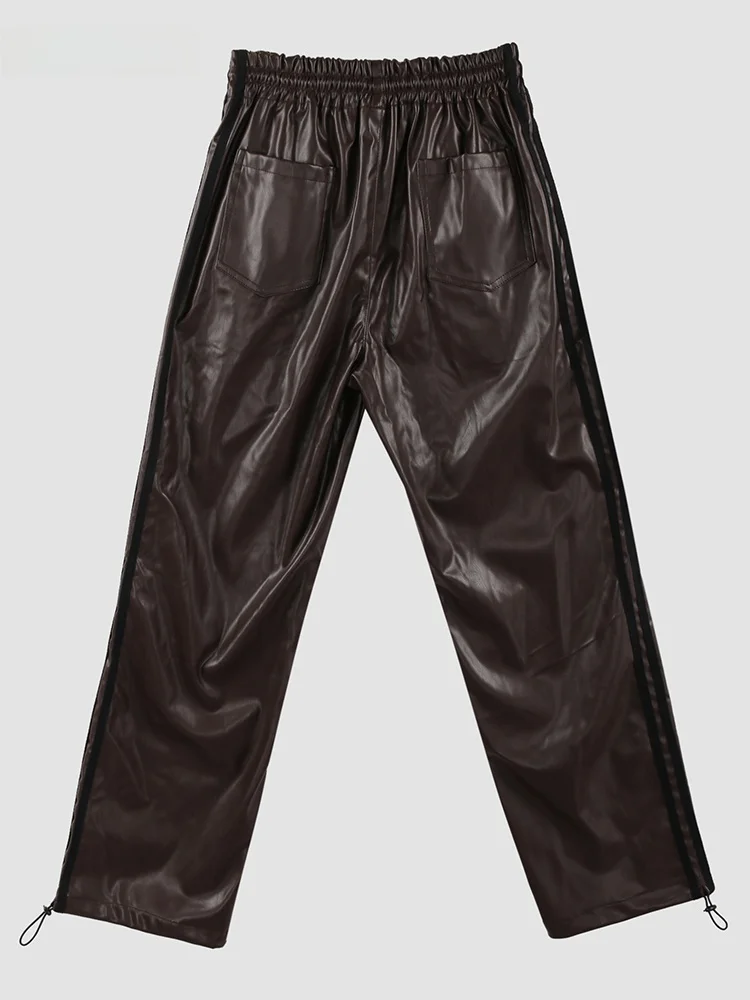 Nerazzurri Men's American Style PU Leather Pants Elastic Waist Cord Drawstring Straight Leg Casual Youthful Autumn Winter