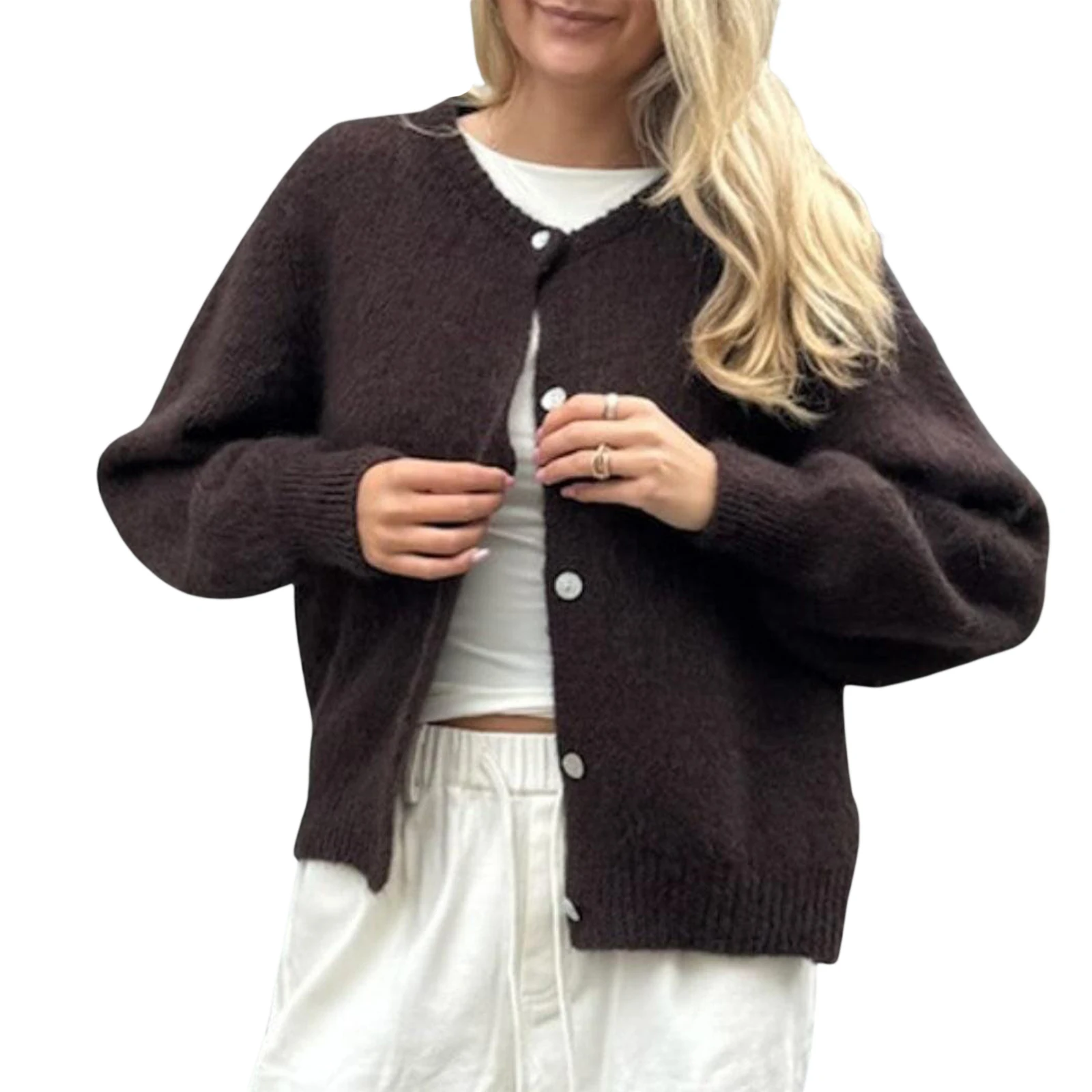 Women's Solid Color Cardigan Fuzzy Long Sleeve Button Down Sweater Soft Knit Tops Cardigan