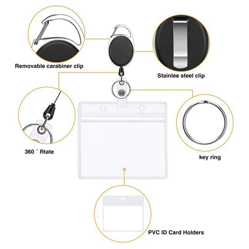 حامل بطاقة هوية قابل للسحب مع مشبك ، للخدمة الشاقة ، واضح ، بكرة ، بكرات شارة ، مجموعة واحدة