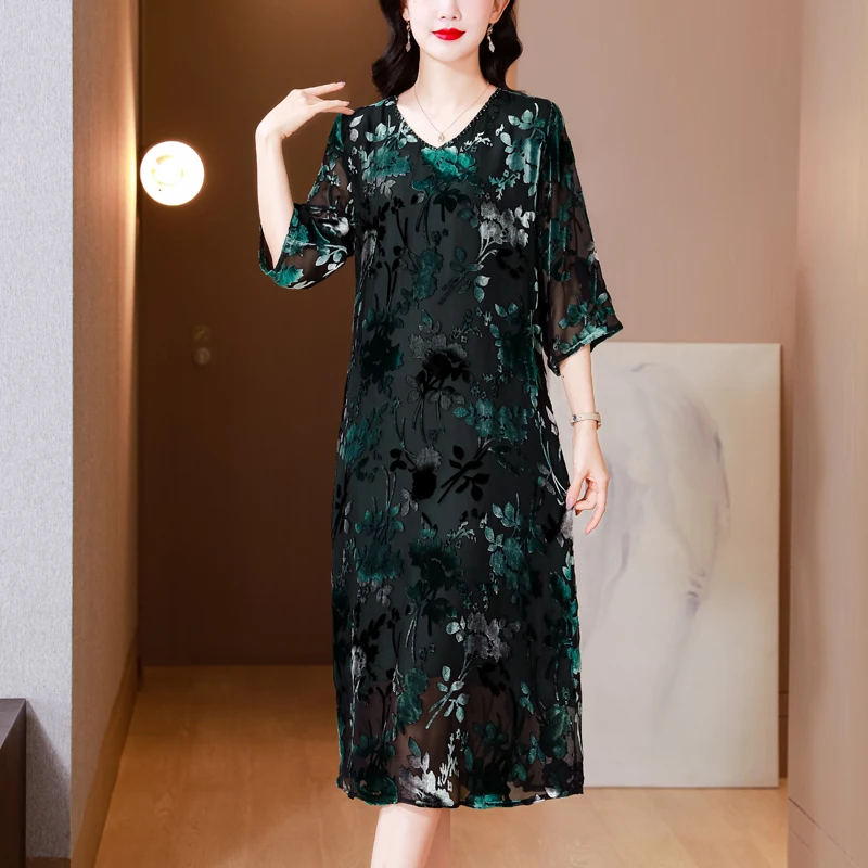 2024 Summer New Floral Print Chiffon Casual Midi Dress Women Elegant Loose Chic Pretty Dress Red Vintage Festival Party Dresses