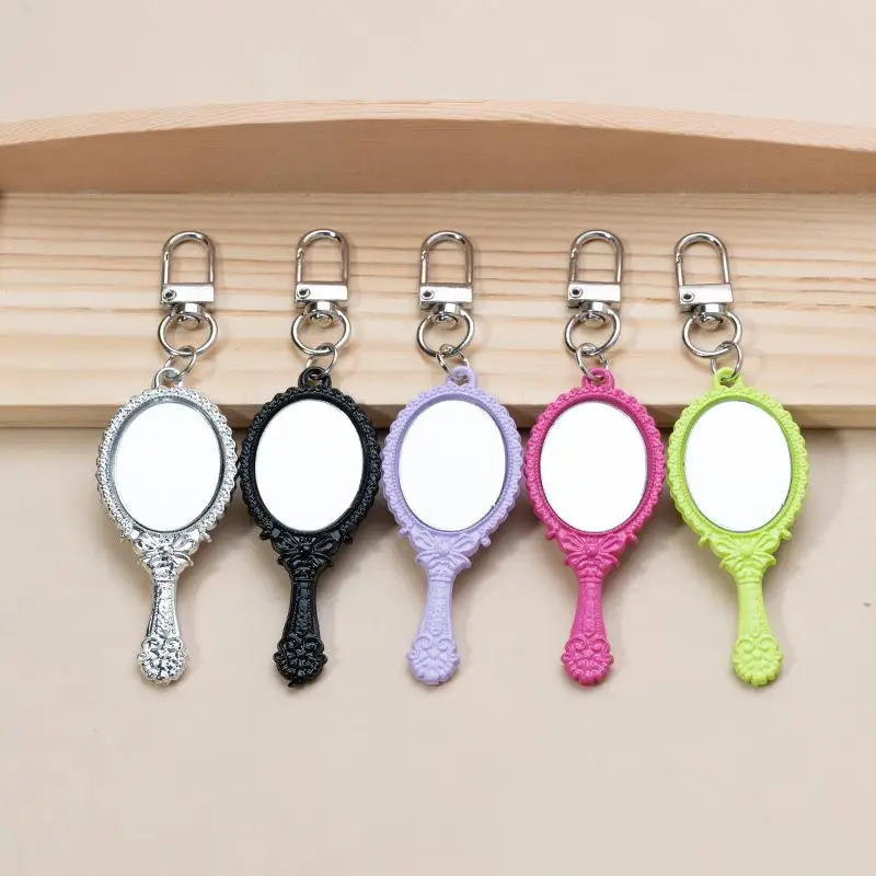 Vintage Mini Handheld Mirror Keychain With Embossed Frame Car Key Ring Bag Charm Backpacks Purses Pendant Party Gift