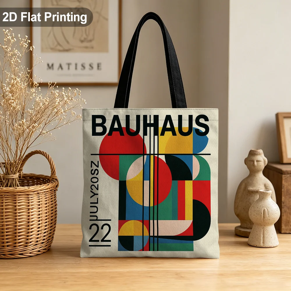 Modern Bauhaus Abstract Canvas Tote Bag Colorful Geometric Shape Print Reusable Shoulder Shopping Bag Gift For Artists