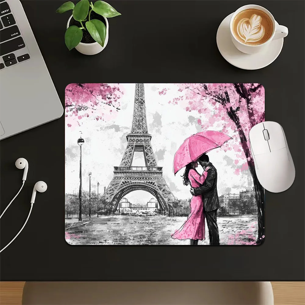 Pink Paris Umbrella Couple Desk Pad small mouse pad rubber anti-slip edge locking laptop office mat pc accessories gaming mats