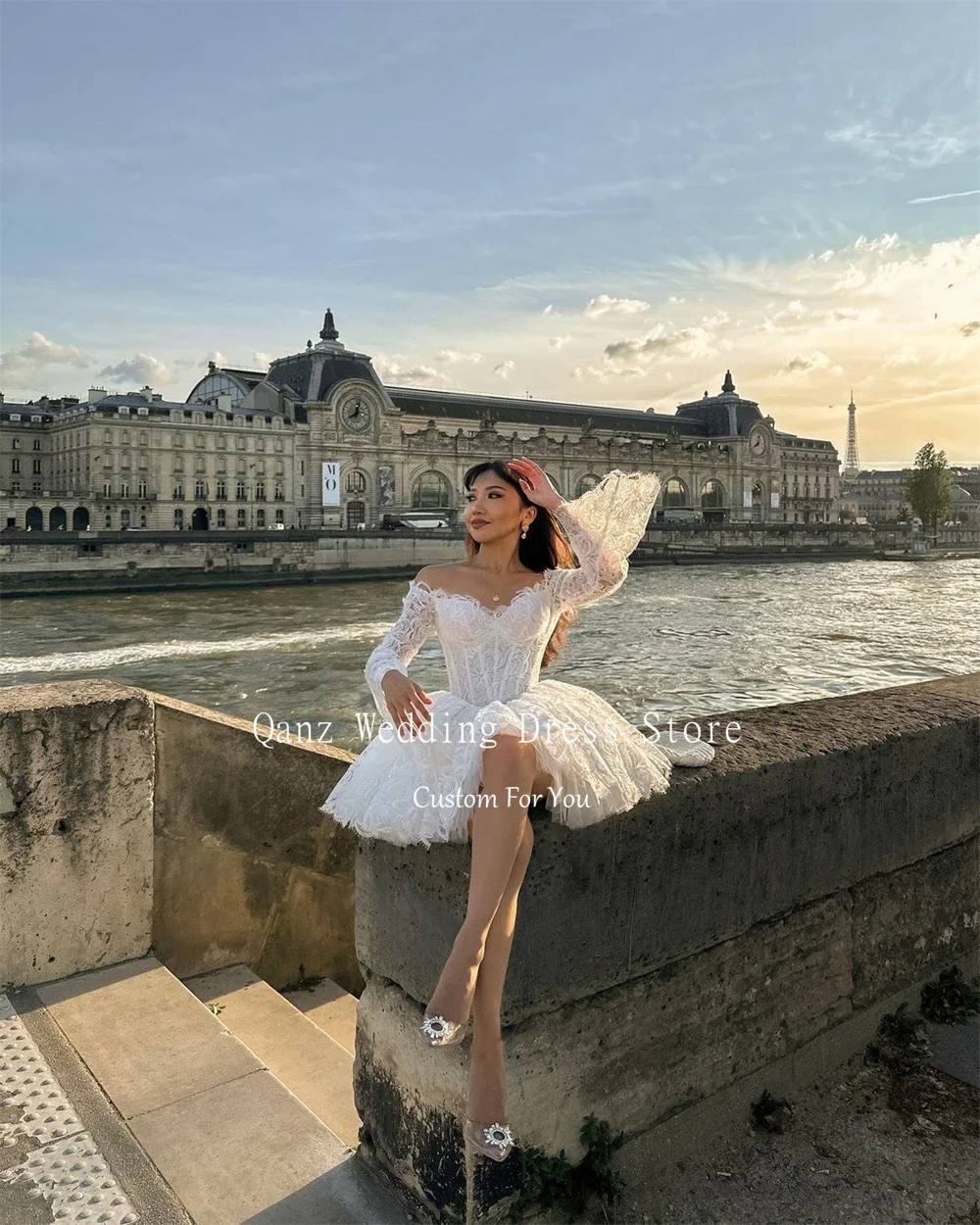 Qanz-Robe de mariée courte bohème à manches longues, appliques en dentelle, robes de soirée A-ligne, dos corset, mini patients, quoi que ce soit pour les femmes