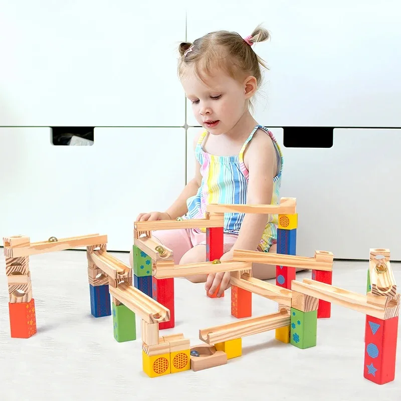 Marble Ball Run Track Stack Building Blocks 3D Wooden Toys Parent Child Interactive Game Kids Montessori Educational Toys Gifts