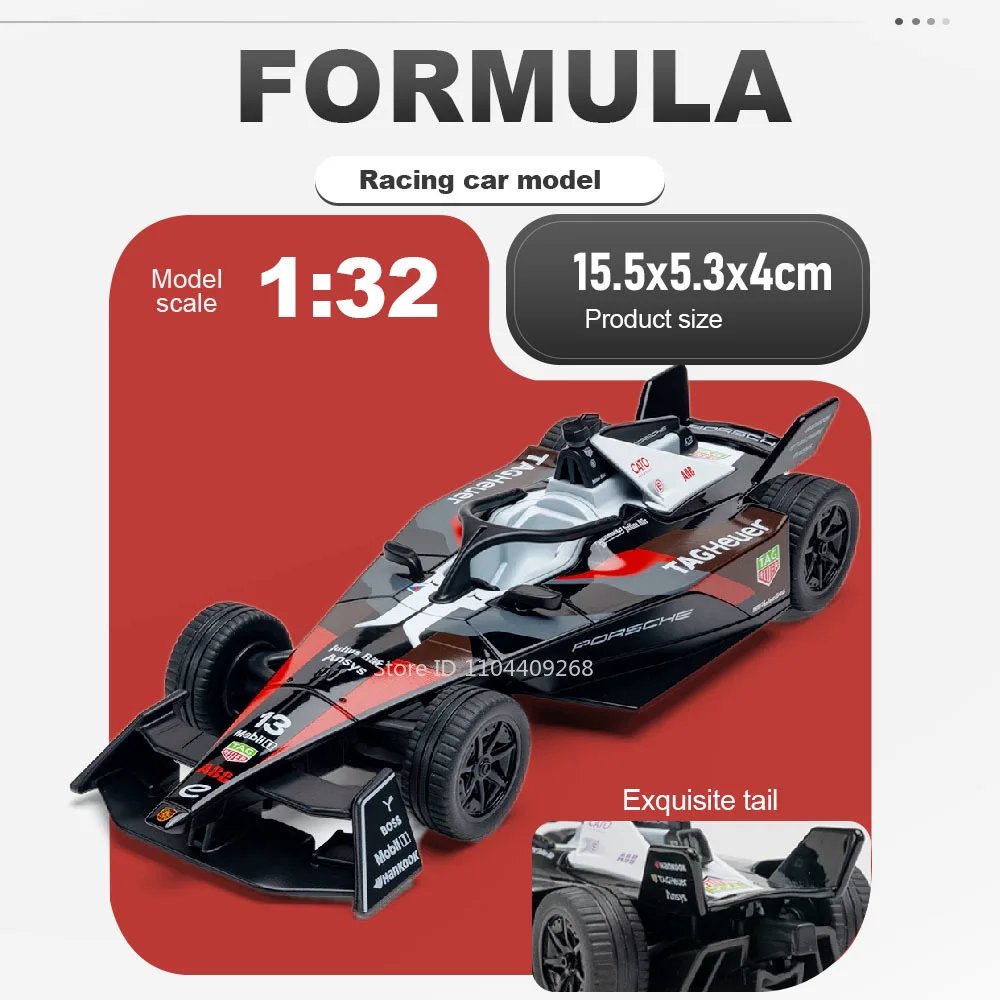 

Scale 1:32 Formula E Racing Car Toy Rubber Tires Alloy Body Sports Cars Acrylic Dust Cover Models Toys Kids Exquisite Ornaments