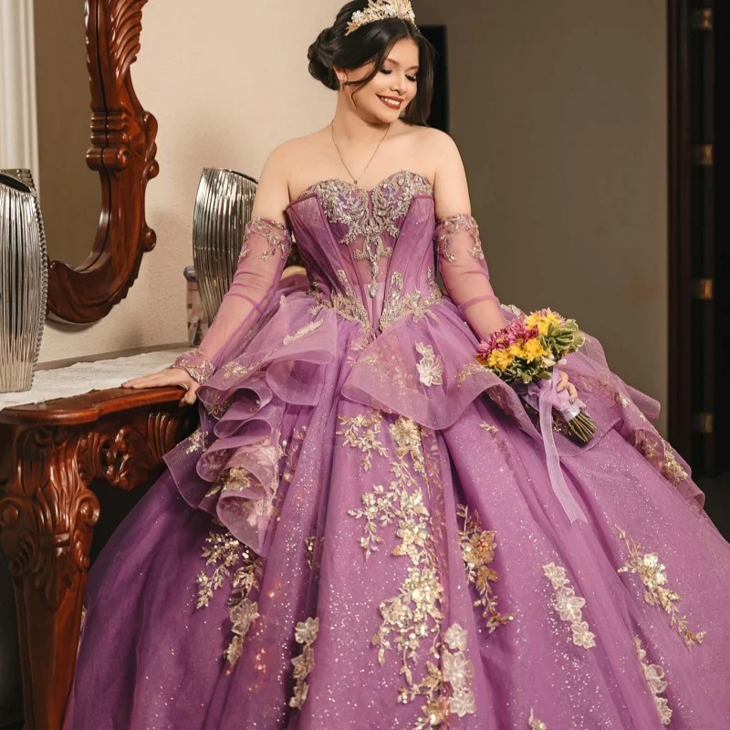 

Shiny Purple Quinceanera Dresses Off the Shoulder Crystal Flower Decal Layering Long tail Bow Vestidoe 15 Quinceanera Customize
