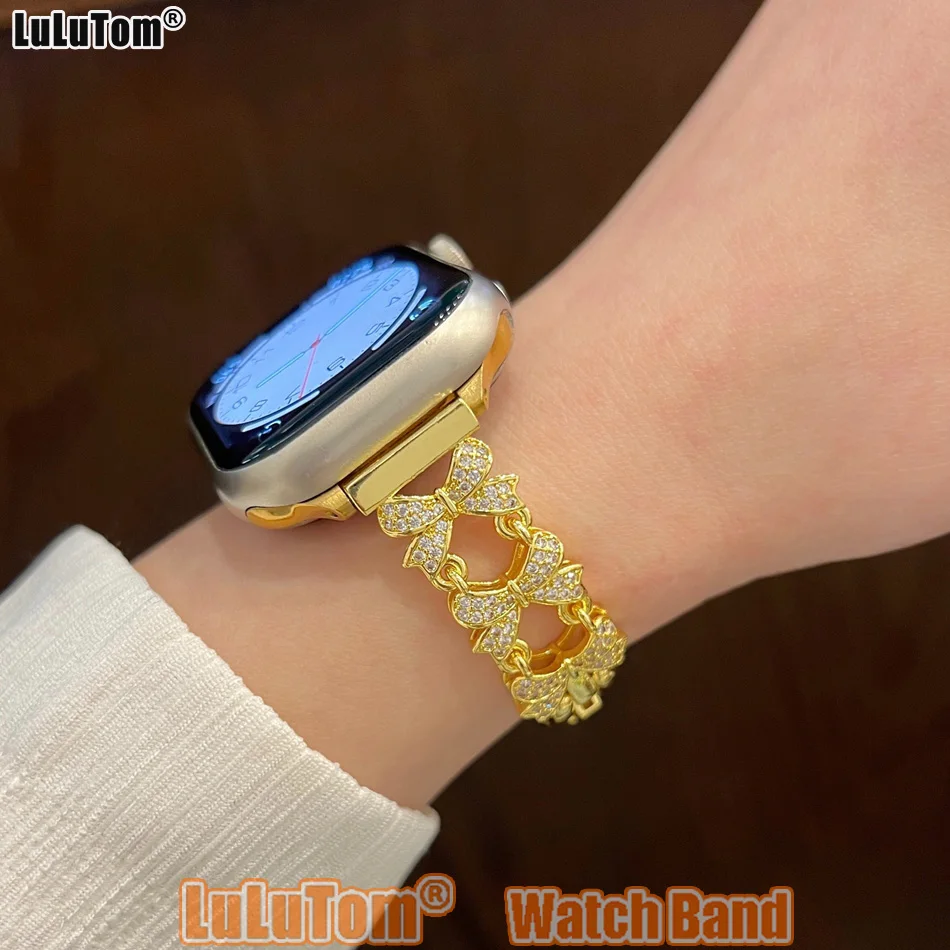 

Элегантный женский ремешок Apple Watch с бриллиантовым бантом, 42 мм, 38-49 мм, роскошный медный ремешок, браслет для iWatch Series 10 9 8 7 6 5 4 3 SE Ultra