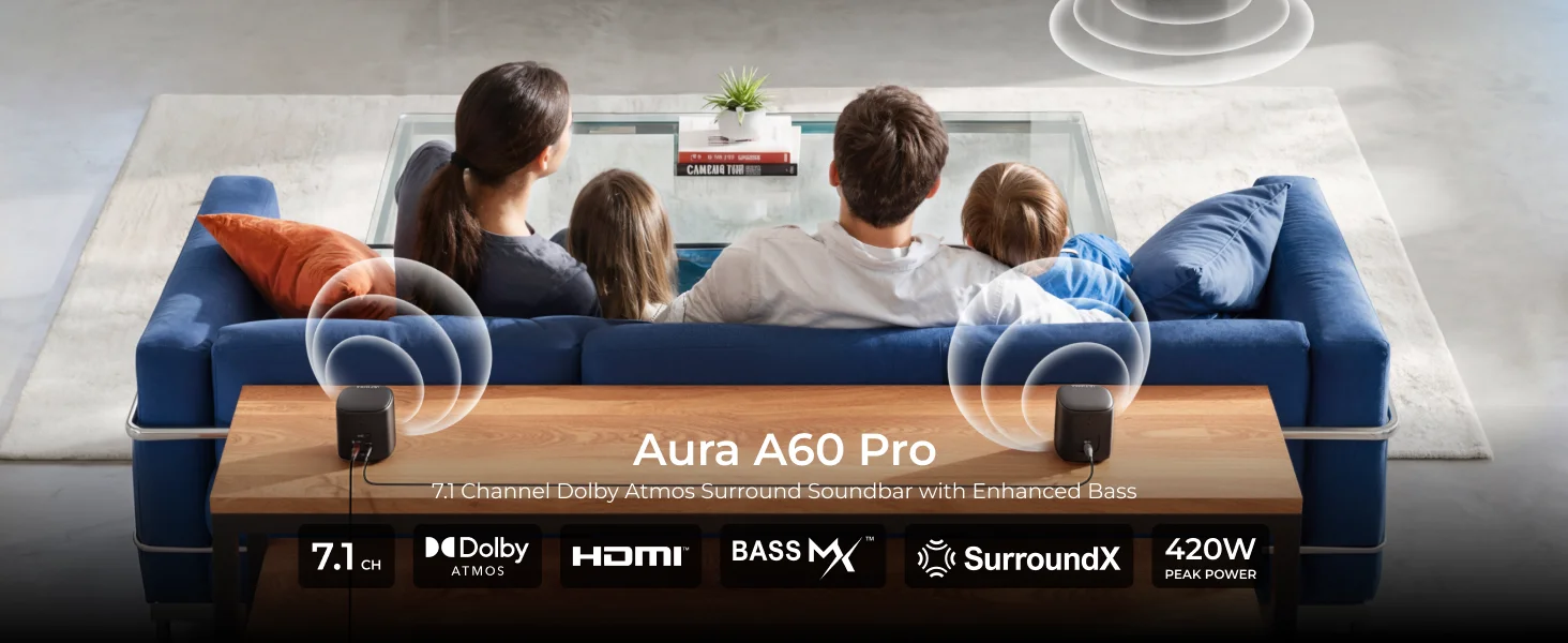 7.1-Channel Dolby Atmos Surround Sound System for TV with 4 Surround Speakers and Home Theater Subwoofer, 420W Peak Power, HDMI eARC, Voice Control, Bass Boost, App Control, 2026 Model