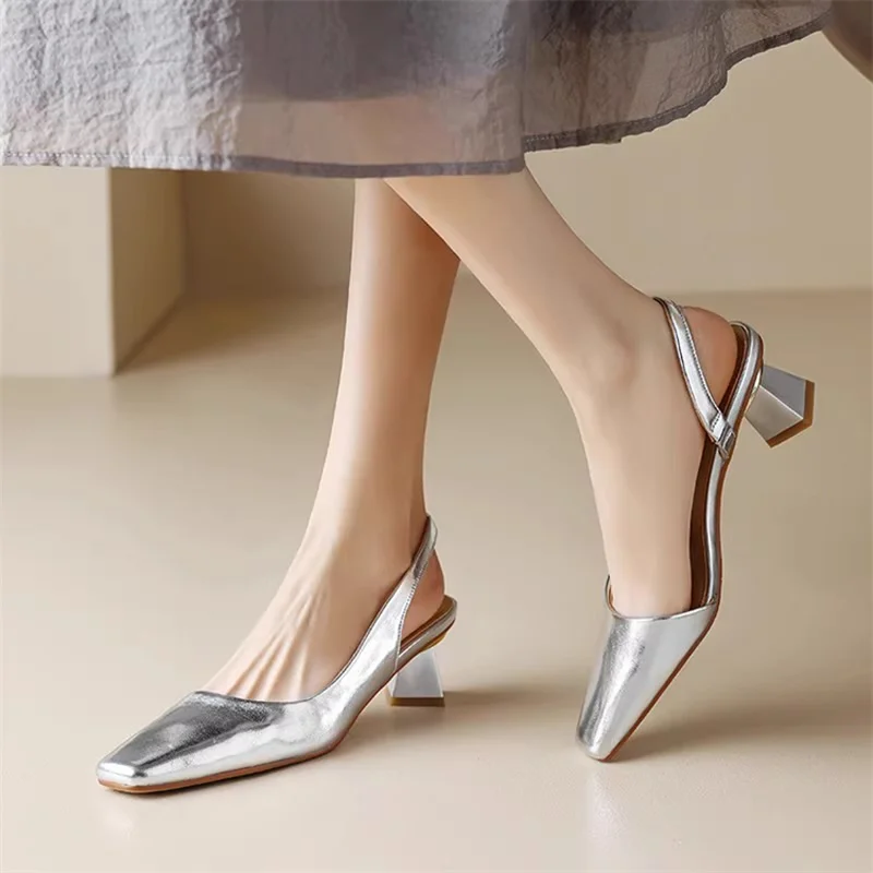 2024 Women Sandals Female Leather Square Toe Med Heel Summer Ladies golden Slingbacks Pumps Shoes Woman Party Wedding Size 35-41