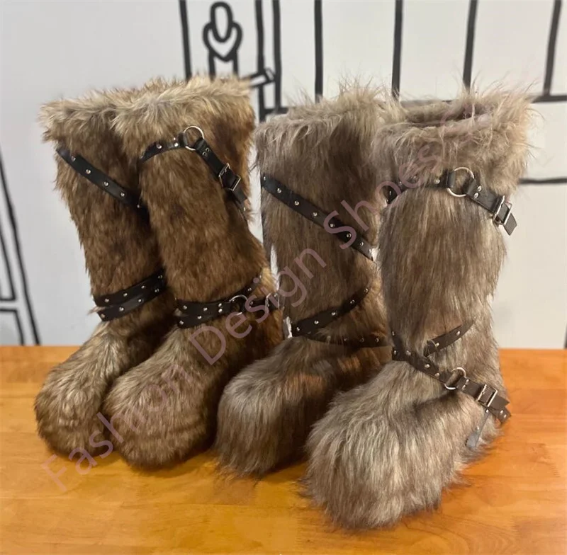 

Long Fur Buckle Strapy Women Boots Warm Winter High Platform Slip On Flats Big Size 33-50 Shoes For Womenen And Men Snow Boots