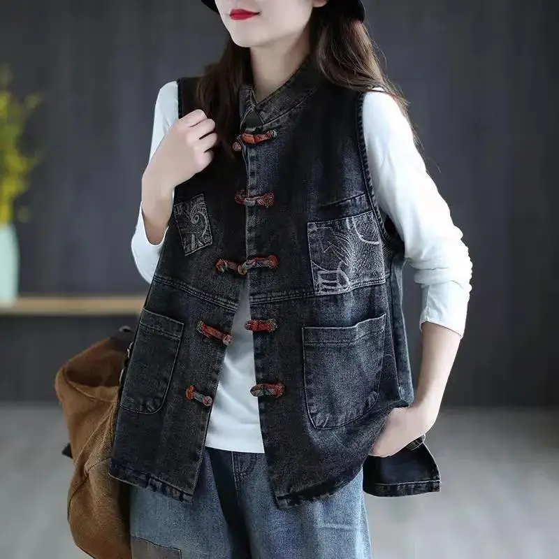 Spring and Autumn Denim Vest Literature and Art Retro Folk-custom Look Thin Leisure Waistcoat Comfortable Stand Collar Versatile