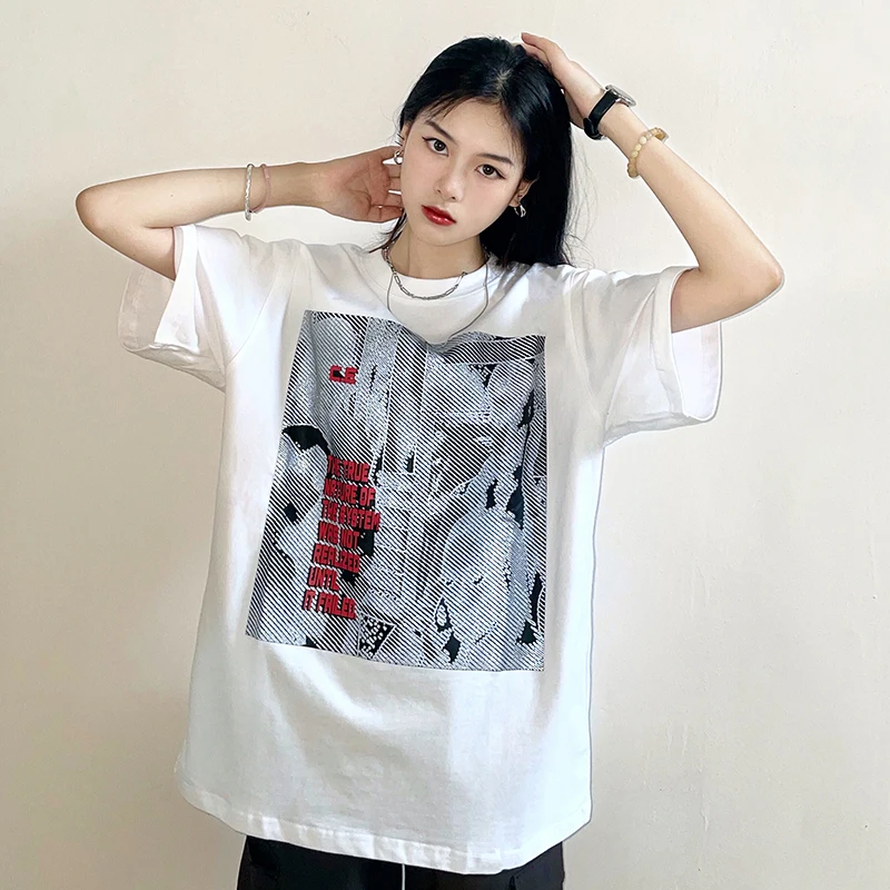 Женская футболка в американском стиле, модная простая белая уличная одежда в стиле хип-хоп, повседневные свободные топы с круглым вырезом и коротким рукавом, Y2K, 2023