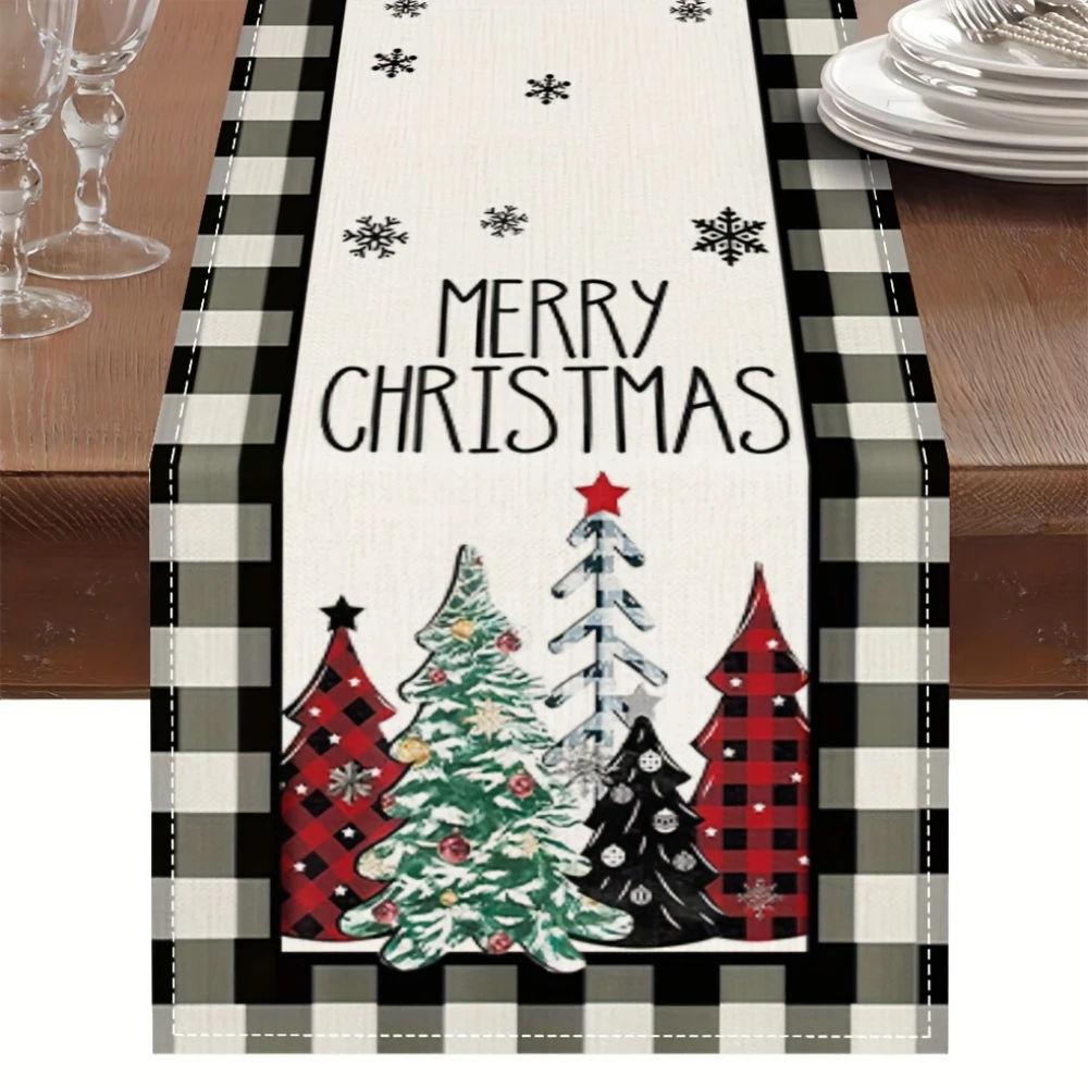 Merry Christmas Table Runner Christmas Trees Black White Buffalo Plaid Winter Holiday Farmhouse Dining Home Party Decor