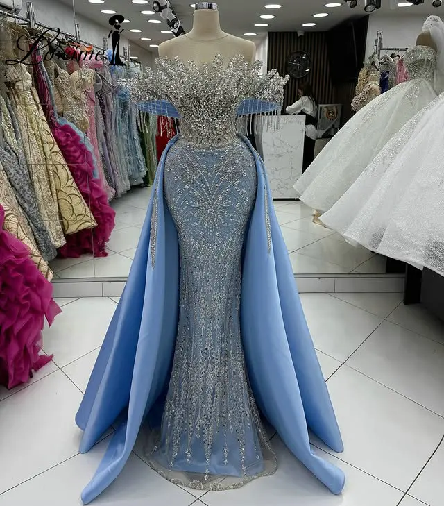 

Light Blue Sparkle Crystals Off Shoulder Mermaid Wedding Evening Dresses with Overskirts Customized Dubai Formal Long Prom Gowns