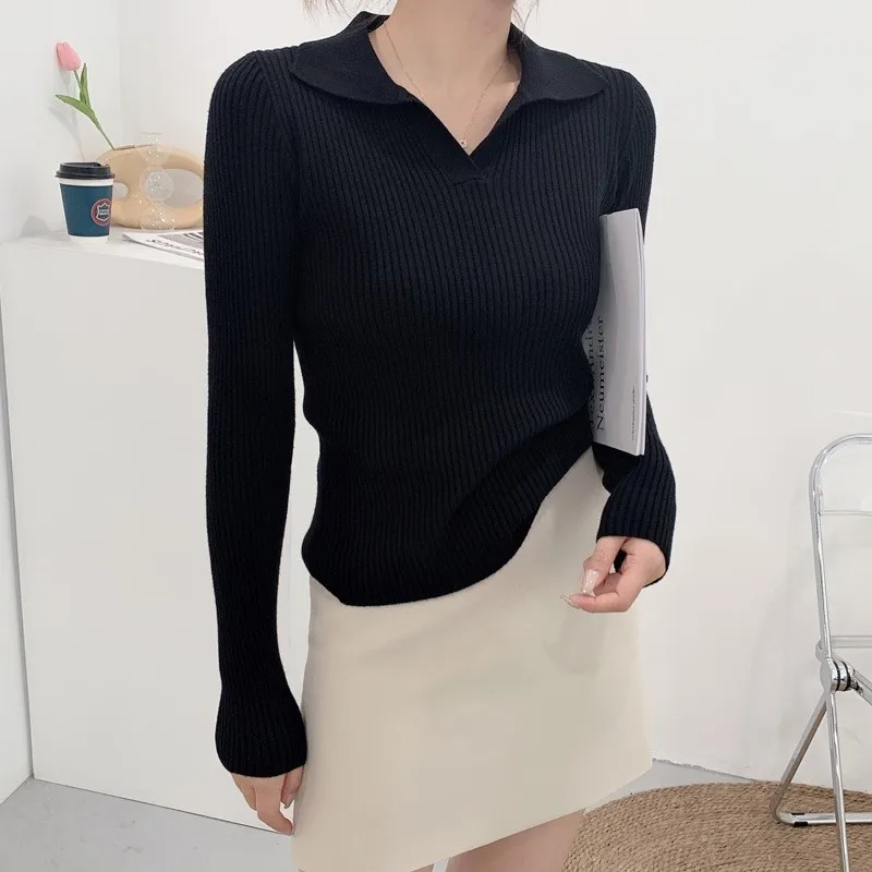 

Korean Chic Turndown Collar Sweaters Female Slim Fit Long Sleeve Cropped Sweater for Woman Streetwear Knit Pullovers