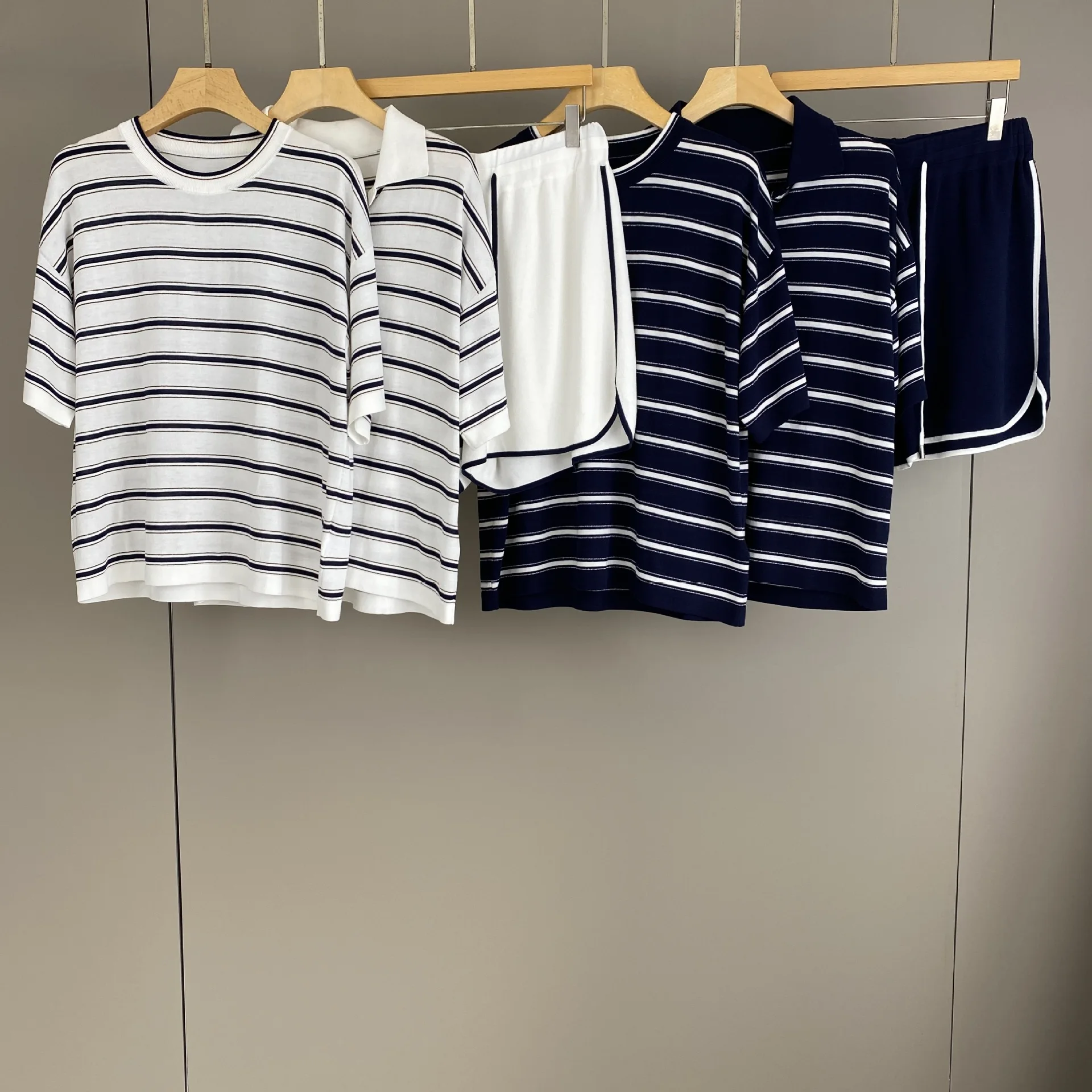 Spring Summer New Stripe Colorblock Knit Short Sleeve Elastic Waist Shorts Set of Three