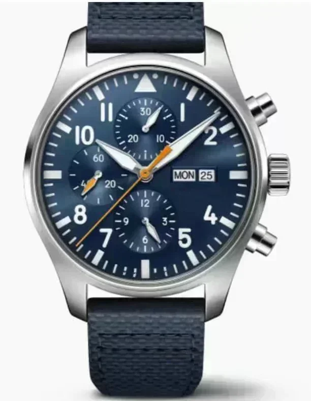 Mens Automatic Mechanical Pilots Watch Prince Brown Leather Blue Dial Leather Strap Big Wristwatches