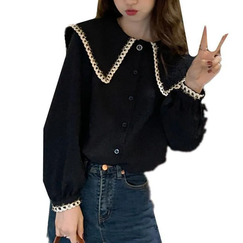 2023 New Spring and Autumn Fashion Simple Retro Doll Collar Lace Shirt Long Sleeve Temperament Commuter Women\'s Unique Loose Top