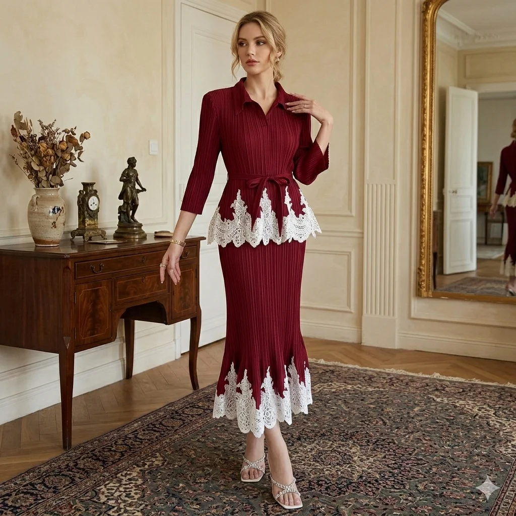 

Miyake Pleated Suit Two-piece Foreign Fashion Fashionable High-class Sense of Lace Lace Color Clash T-shirt Fishtail Skirt Pleat