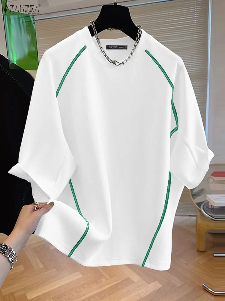 

ZANZEA Women's Contrast-Stitch Loose T-Shirts 2025 Summer Crew Neck Half Raglan Sleeve Woman Tees Everyday Casual Wear S-3XL