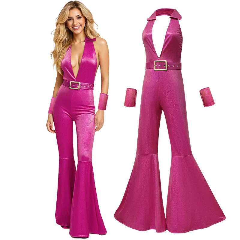 

70S Disco Jumpsuit Hippie Costumes Sexy Set Deep V-Neck Bodysuit Bell-Bottom Trousers Hip-Hop Halloween Party Jazz Dance Clothes