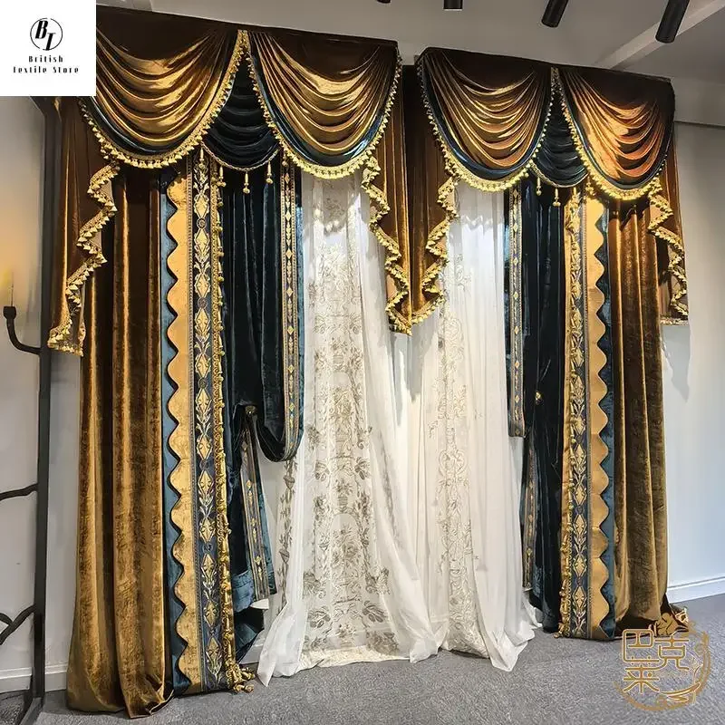 Custom  Size！！American High End Gold Velvet Embroidery Thick Stitching Blackout Curtains for Living Dining Room Bedroom Decor