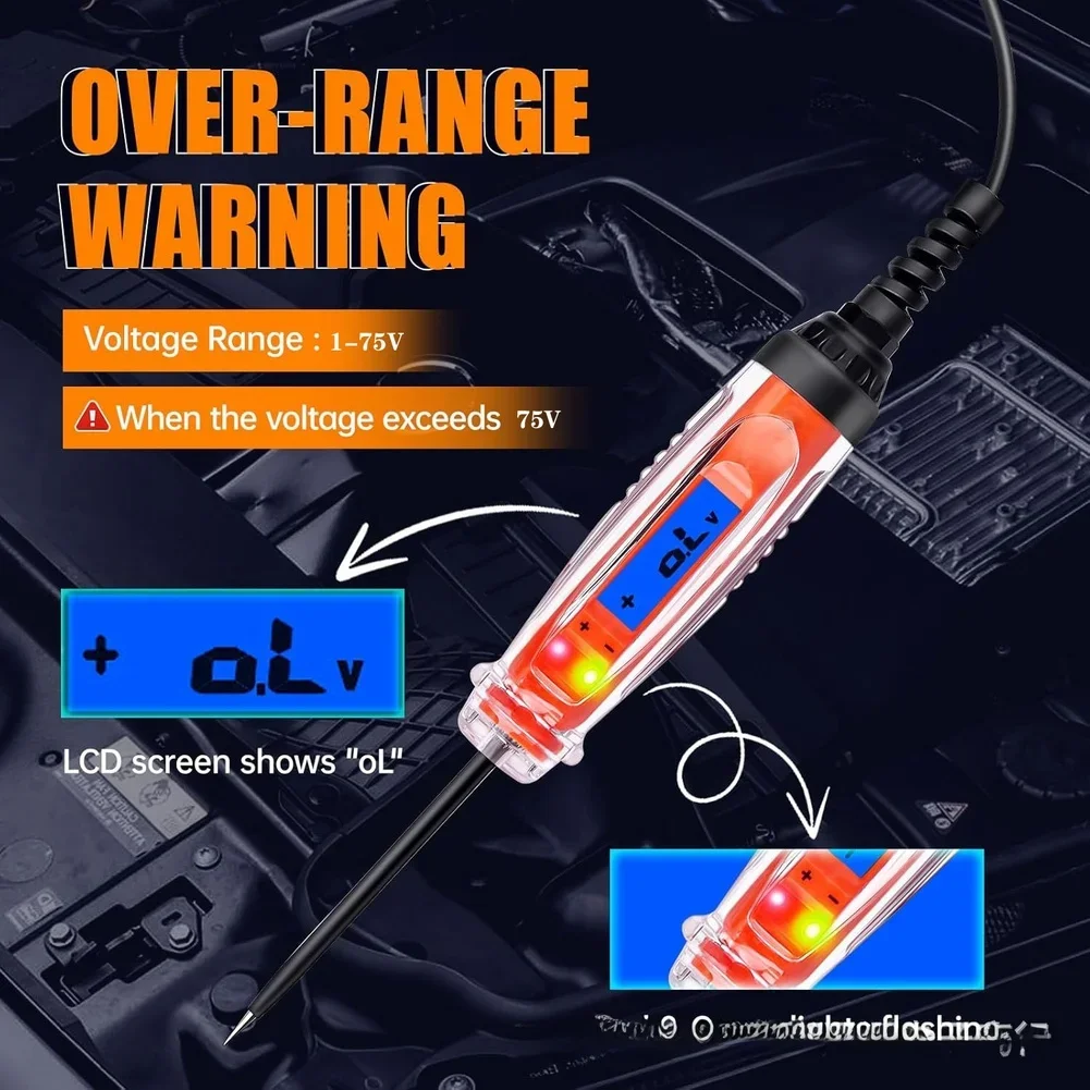 LCD Automotive Voltage Detector with LED Indicators for Testing Vehicle Circuits Batteries and Ignition Systems 1-75V