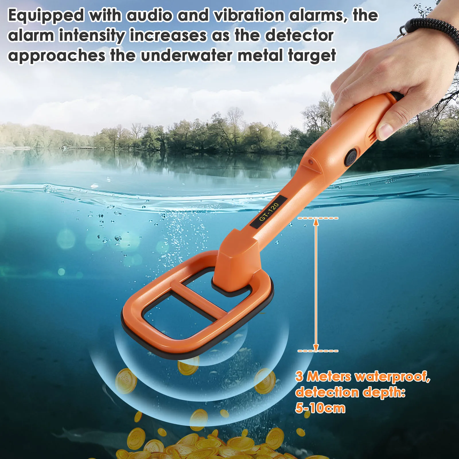 Underwater Metal Detector 9.84FT IP68 Fully Waterproof 4.2inch Coil Metal Detector with LED and Alarm Handheld GT-120 Metal