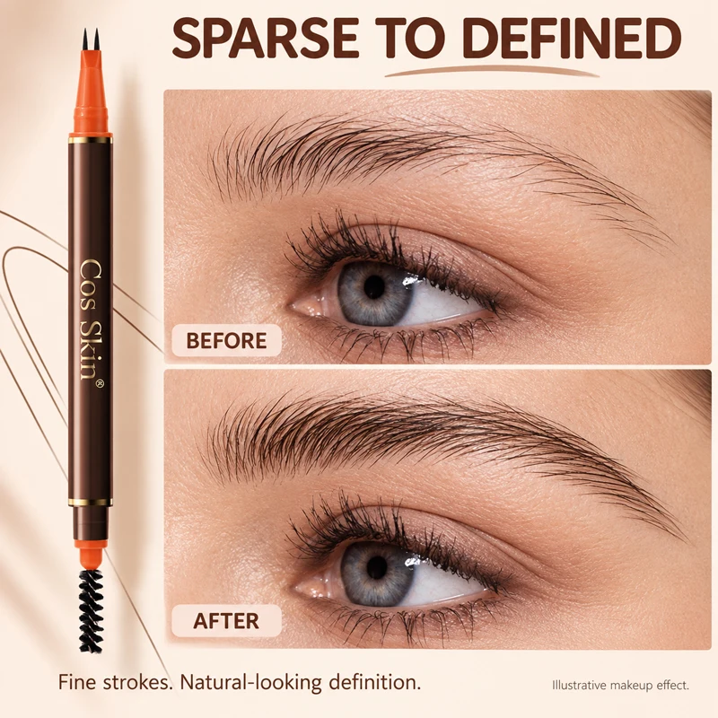 COS SKIN 2-Prong Liquid Eyebrow Pen with Spoolie Brush, Waterproof Eyebrow Makeup for Natural Hair-Like Strokes, Long-Lasting Transfer-Proof Formula, Dual-Ended Brow Pen for Shaping and Filling Sparse Brows, Choose Black, Natural Gray or Dark Brown, 1 Pen