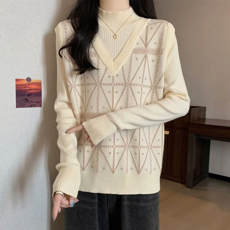 Fake Two Piece Jacquard Knitted Sweaters For Women Spring Autumn Loose Pullover Sweater Female High Turtleneck Knitted Jumper