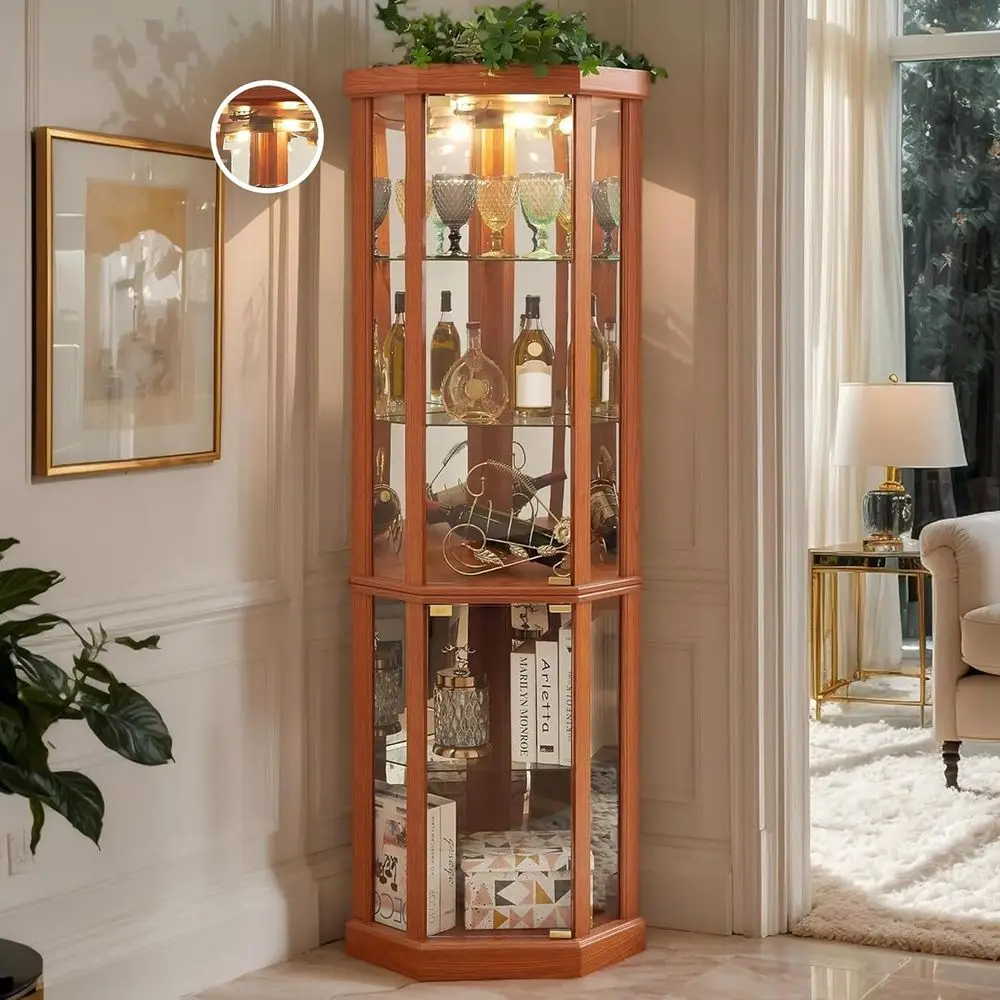 

70 Lighted Glass Curio Cabinet with 5 Adjustable Shelves, Ideal for Wine, Liquor, and Display Storage in Oak Finish