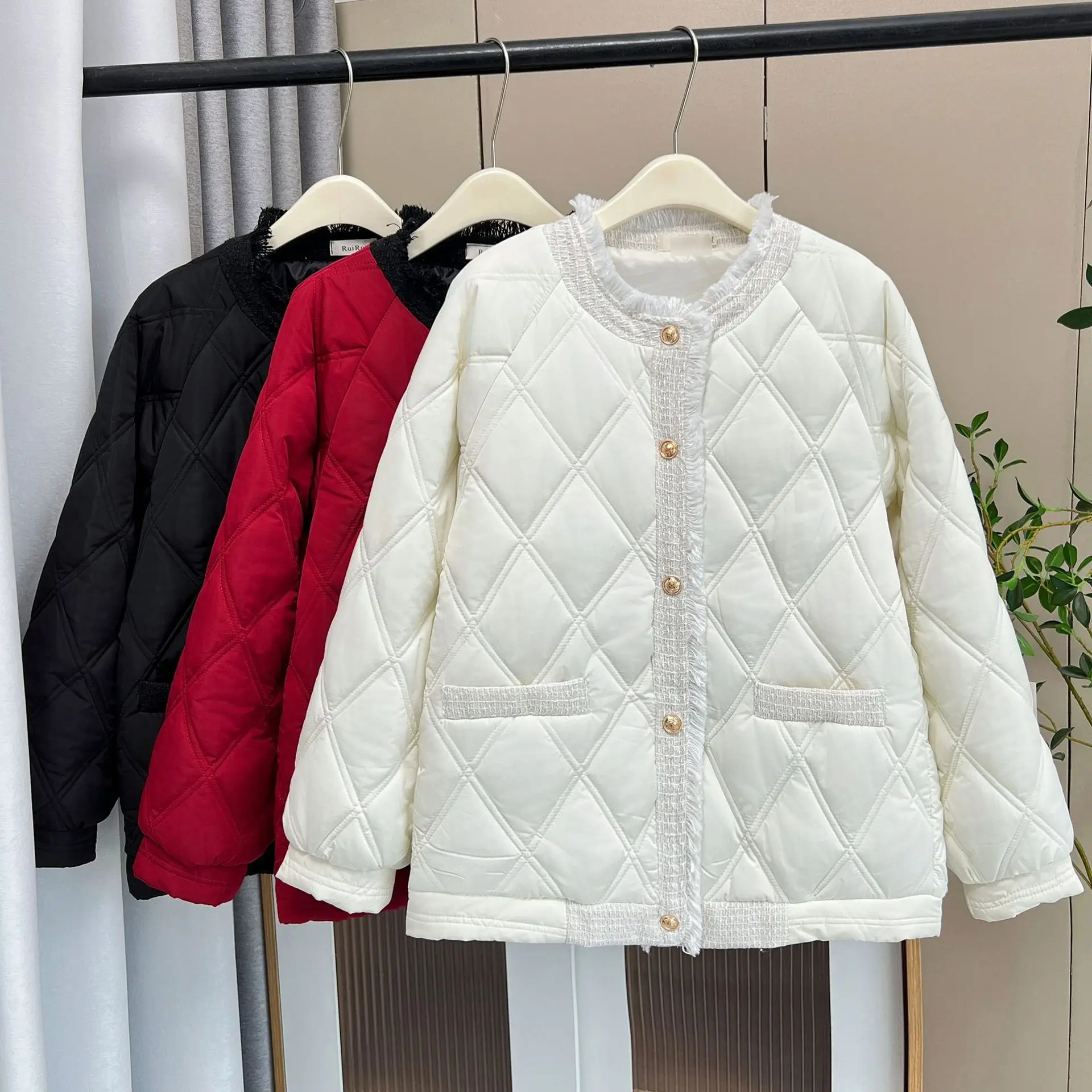 Plus Size Women Parka Autumn Winter Loose Round Neck Chic Warm Quilted Jacket 953