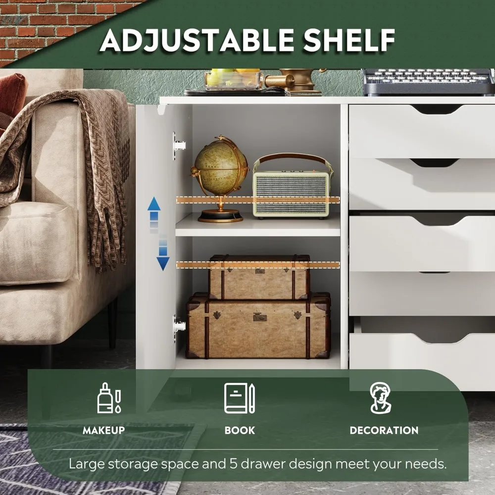 Cómoda de madera de 5 cajones con puerta, gabinete de almacenamiento móvil, soporte de impresora para oficina en casa