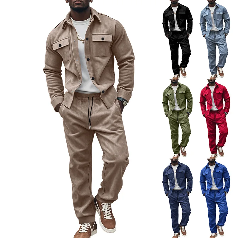 European American Style Heavyweight Men's Autumn Winter Suit Workwear Jacket Casual Pants Two-Piece Set Men's Solid Color Suede
