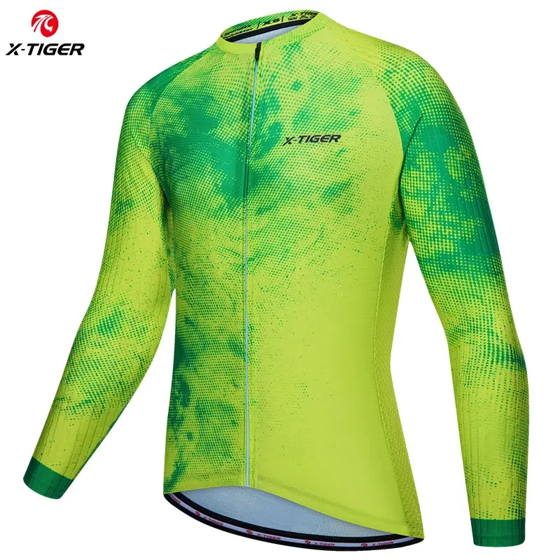 

X-TIGER Cycling Jerseys Green Upgraded Long Sleeve Biking Shirts Breathable Full Zipper Road Cycling Clothes with 4 Rear Pockets