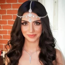 Boho Water Drop Rhinestone Headpiece Jewelry for Women Crystal Forehead Chain Bridal Wedding Hair Wear Accessories Headdress