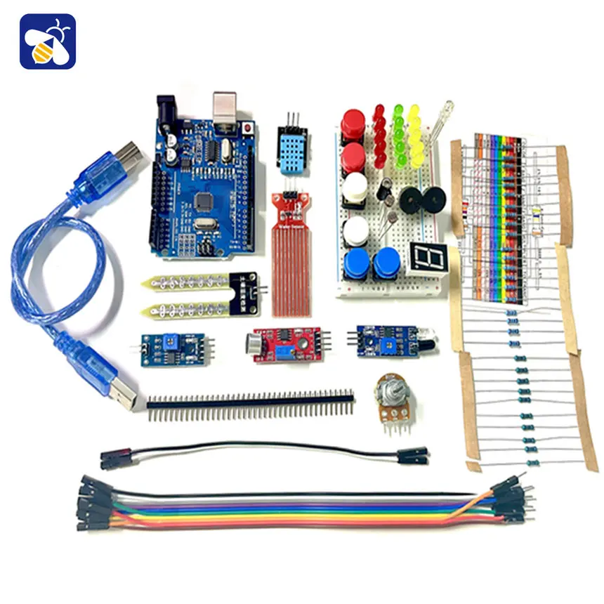 Imagem -03 - Uno r3 Kit com Breadboard Sensor 400 Hole Kit Módulo Evitar Obstáculos Luzes Led Som Nível de Água Dsht11