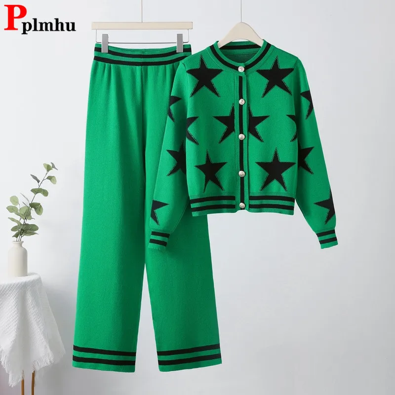 

Jacquard Design Knit Sets Women Casual Single Breasted Short Cardigan Tops Conjuntos Korean High Waist Wide Leg Pants Outfit New