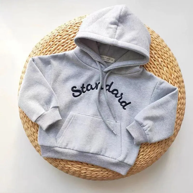 

2025 Winter New Baby Fleece Hooded Sweatshirt Letter Embroidery Boys Girls Plus Velvet Thick Casual Pullover Kids Warm Clothes
