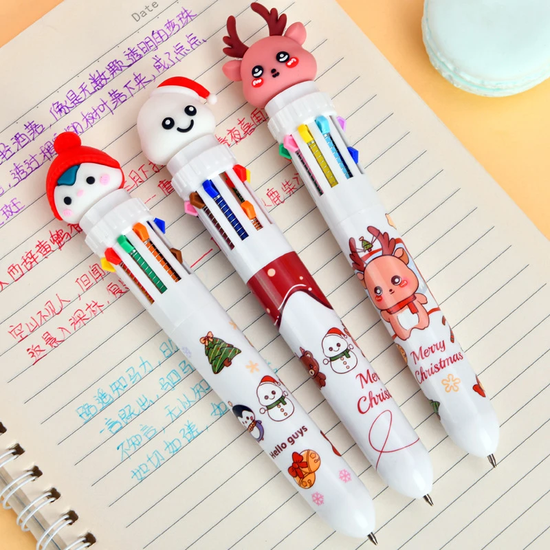 1 ชิ้น 10 สีคริสต์มาสปากกาลูกลื่น Kawaii การ์ตูน Elk บัญชีมือปากกาที่มีสีสันปากกามัลติฟังก์ชั่นอุปกรณ์สํานักงานโรงเรียน