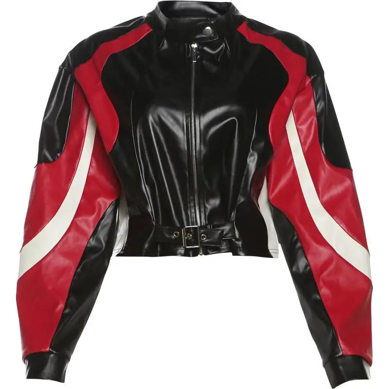 

Zip Women Varsity Jacket Faux Leather Patchwork Cinched Waist Autumn Fashion Wild Street Hipster Uniform Crop Coat
