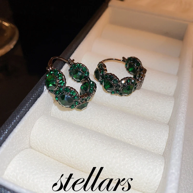 

Retro Green Light Luxury Diamond-Studded Circle Geometric Clip-On Earrings Niche High-End Stylish Jewelry Holiday Gift for Women